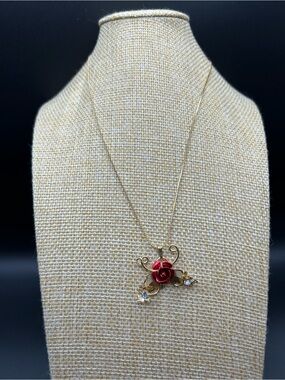 Gold-Tone Red Rose Butterfly Pendant Necklace